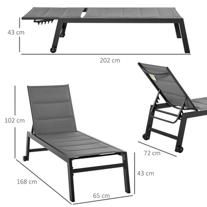 Reclining Garden Sun Lounger with 5 Levels Padded Cover, Aluminum and Texteline, 72x168x102cm Gray
