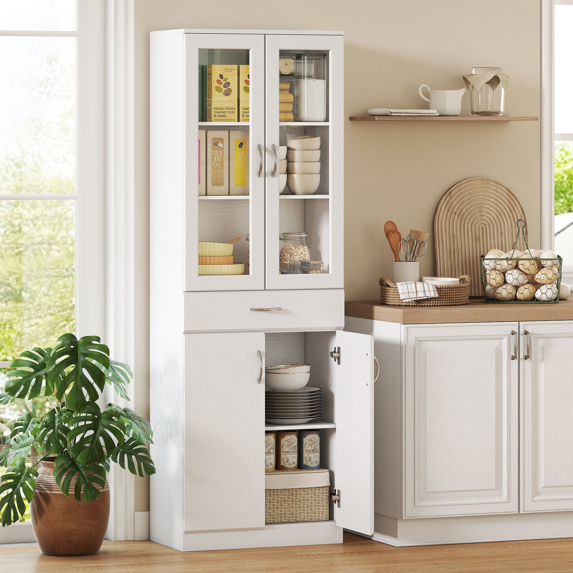 Tall Kitchen Pantry Cabinet with Glass Doors, Drawer & Adjustable Shelves, White, 23.6 x 13.8 x 70.9 in