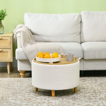 Storage Ottoman Ottoman with Folding Lid, Round Footstool Storage Cube with Wooden Legs, Velvet Look 56 x 42 x 42 cm White