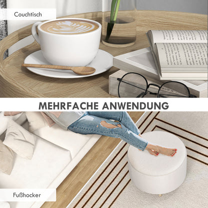 Storage Ottoman Ottoman with Folding Lid, Round Footstool Storage Cube with Wooden Legs, Velvet Look 56 x 42 x 42 cm White