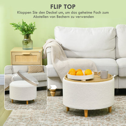 Storage Ottoman Ottoman with Folding Lid, Round Footstool Storage Cube with Wooden Legs, Velvet Look 56 x 42 x 42 cm White