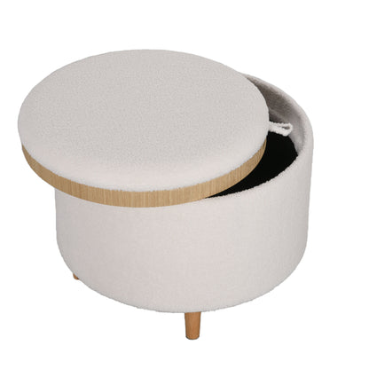 Storage Ottoman Ottoman with Folding Lid, Round Footstool Storage Cube with Wooden Legs, Velvet Look 56 x 42 x 42 cm White