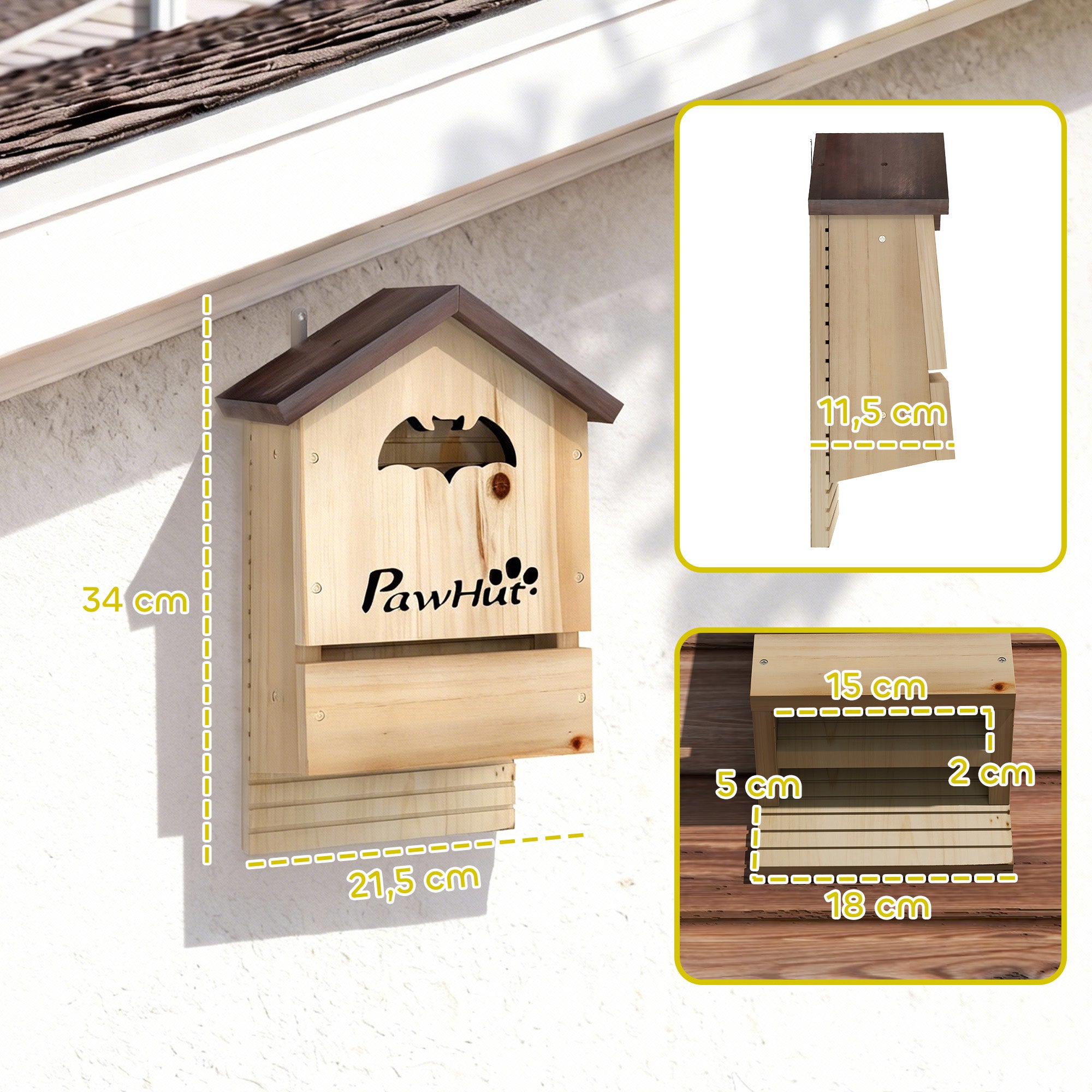3-Pack Pine Bat Houses — Double-Chamber, Easy-Access Roosts, Easy to Hang, Natural Wood Effect, 8.5 x 4.5 x 13.4 in