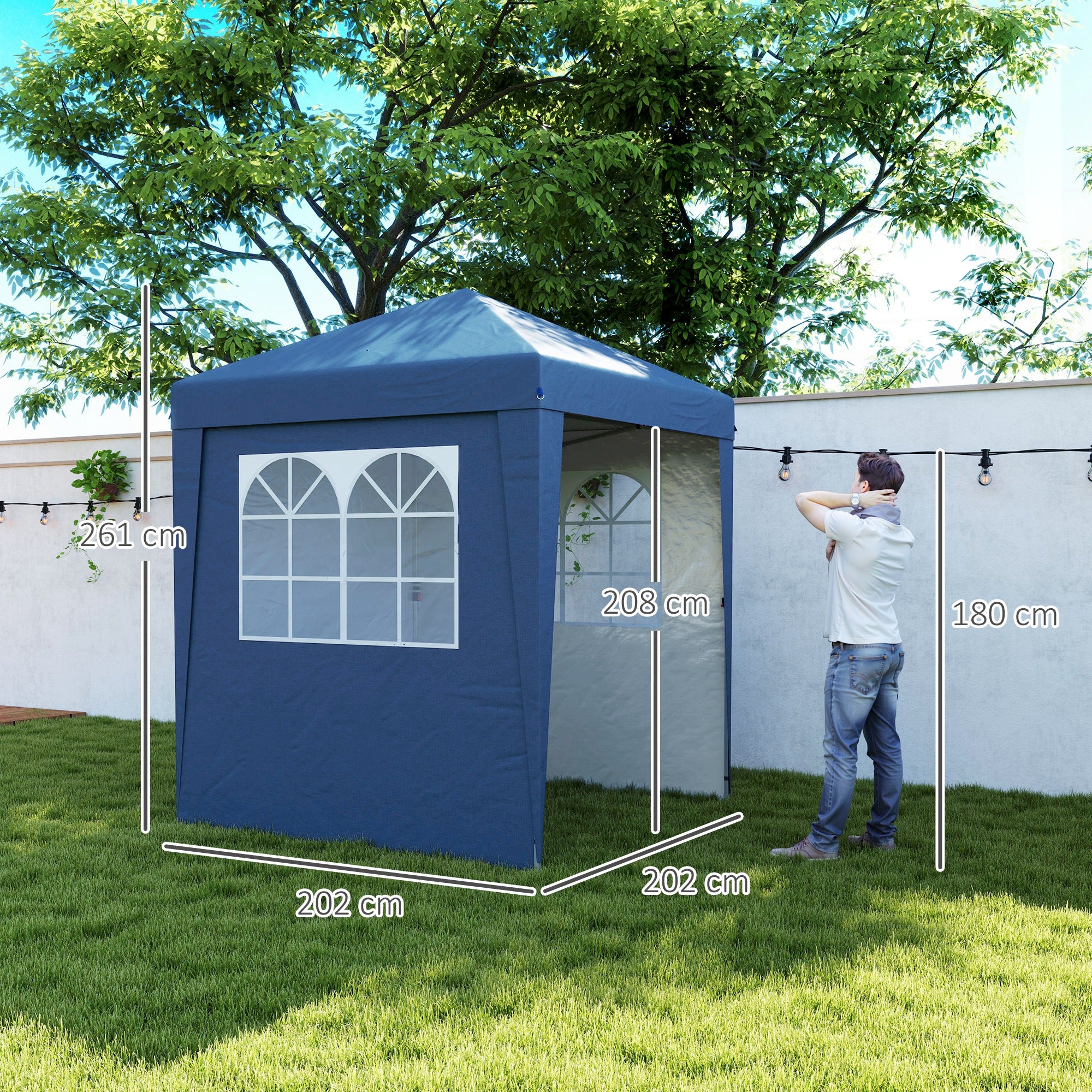 Folding Garden Gazebo Popup 2 x 2 m Adjustable Height Reception Tent 3 Levels Anti-UV 30+ 3 Side Walls with 4 Sandbags and 1 Carrying Bag Dark Blue Steel Oxford Fabric