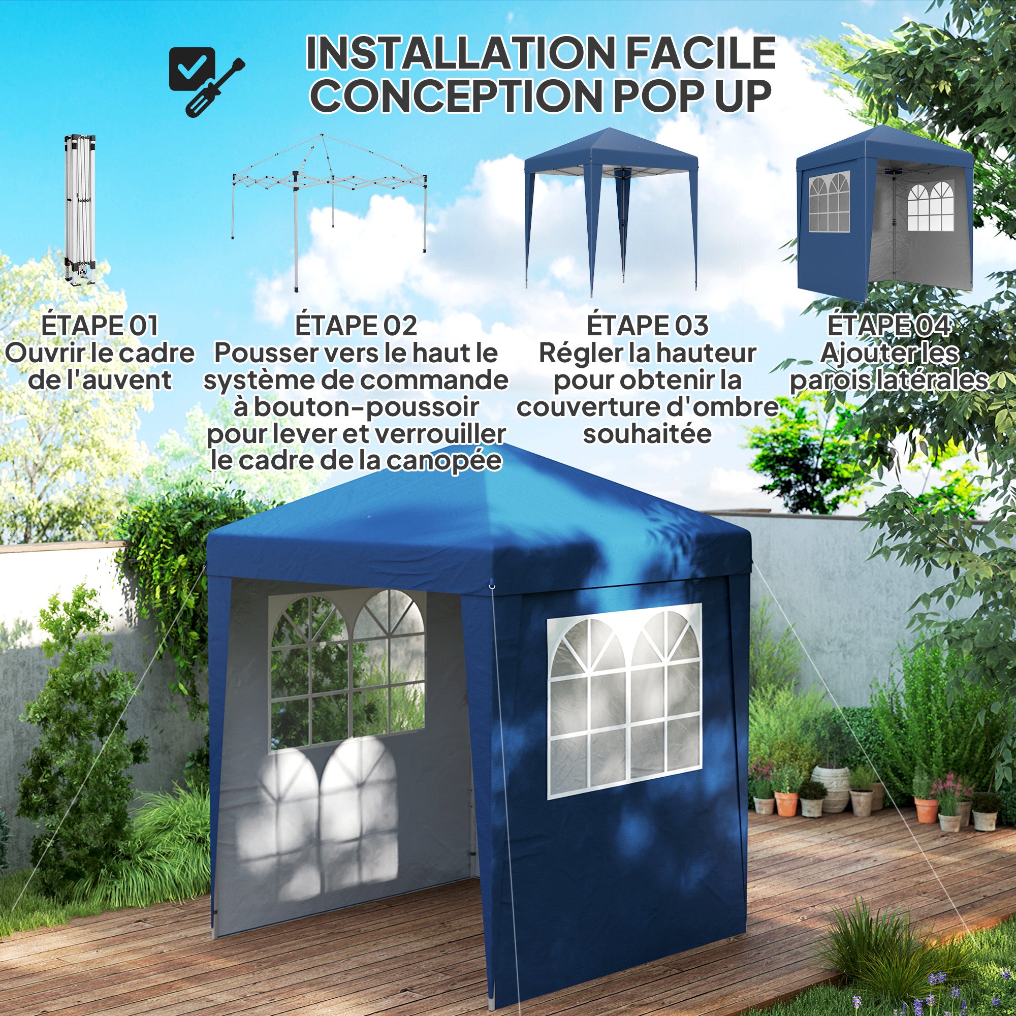 Folding Garden Gazebo Popup 2 x 2 m Adjustable Height Reception Tent 3 Levels Anti-UV 30+ 3 Side Walls with 4 Sandbags and 1 Carrying Bag Dark Blue Steel Oxford Fabric