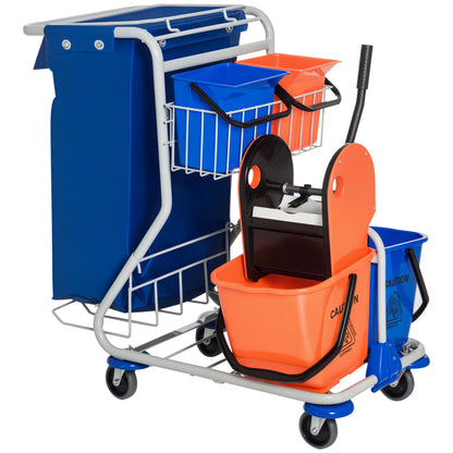 Cleaning Trolley Cleaning Cart 4 Bucket Mop Press Waste Bin Trolley with Wheels Blue Orange 93 x 80 x 97 cm