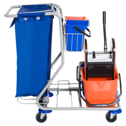 Cleaning Trolley Cleaning Cart 4 Bucket Mop Press Waste Bin Trolley with Wheels Blue Orange 93 x 80 x 97 cm