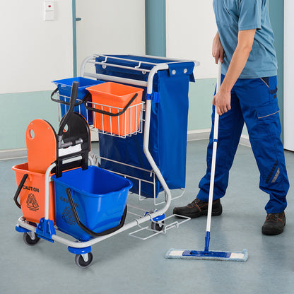 Cleaning Trolley Cleaning Cart 4 Bucket Mop Press Waste Bin Trolley with Wheels Blue Orange 93 x 80 x 97 cm