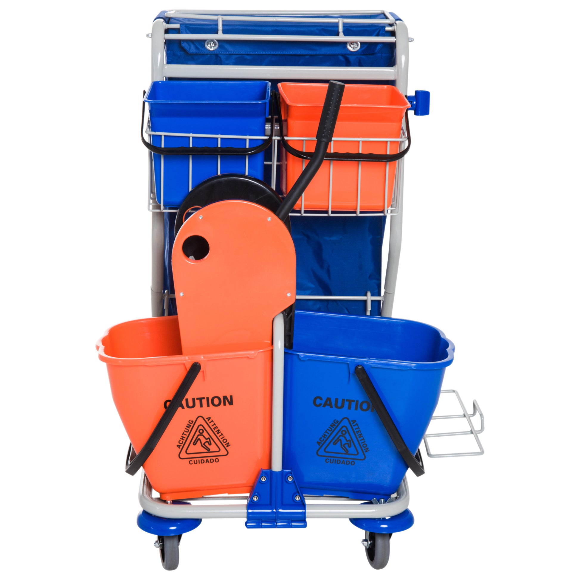 Cleaning Trolley Cleaning Cart 4 Bucket Mop Press Waste Bin Trolley with Wheels Blue Orange 93 x 80 x 97 cm