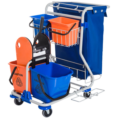 Cleaning Trolley Cleaning Cart 4 Bucket Mop Press Waste Bin Trolley with Wheels Blue Orange 93 x 80 x 97 cm