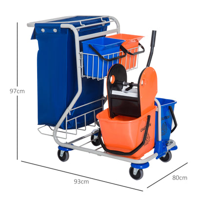 Cleaning Trolley Cleaning Cart 4 Bucket Mop Press Waste Bin Trolley with Wheels Blue Orange 93 x 80 x 97 cm
