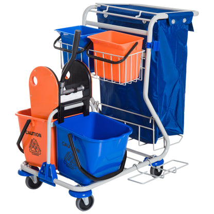 Cleaning Trolley Cleaning Cart 4 Bucket Mop Press Waste Bin Trolley with Wheels Blue Orange 93 x 80 x 97 cm