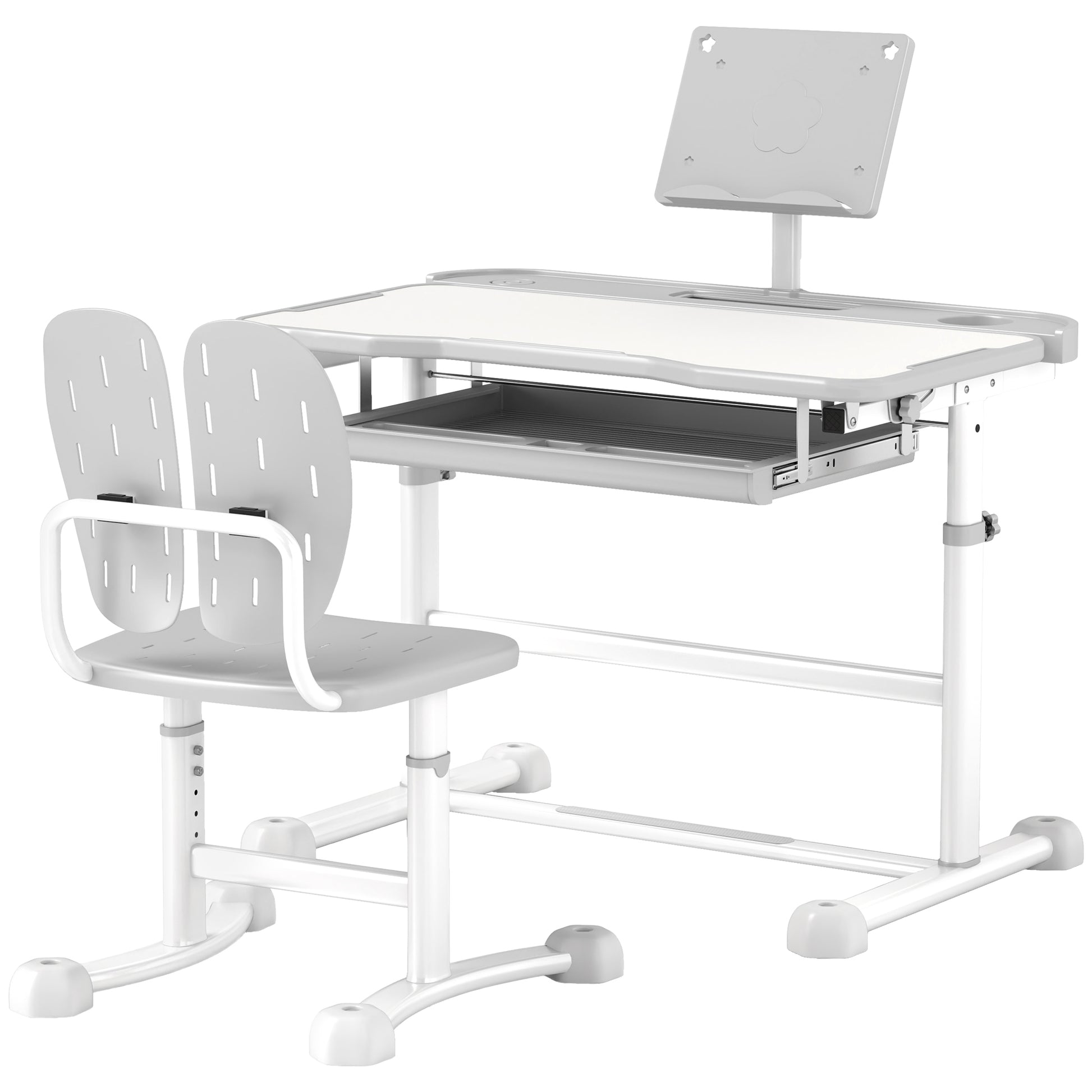 Kids Desk with Chair, Children's Desk and Chair Set with Adjustable Height, 45° Tiltable Desk, Drawer and Book Stand, for Children 3-12 Years Old, Gray