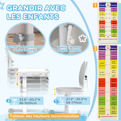 Kids Desk with Chair, Children's Desk and Chair Set with Adjustable Height, 45° Tiltable Desk, Drawer and Book Stand, for Children 3-12 Years Old, Gray
