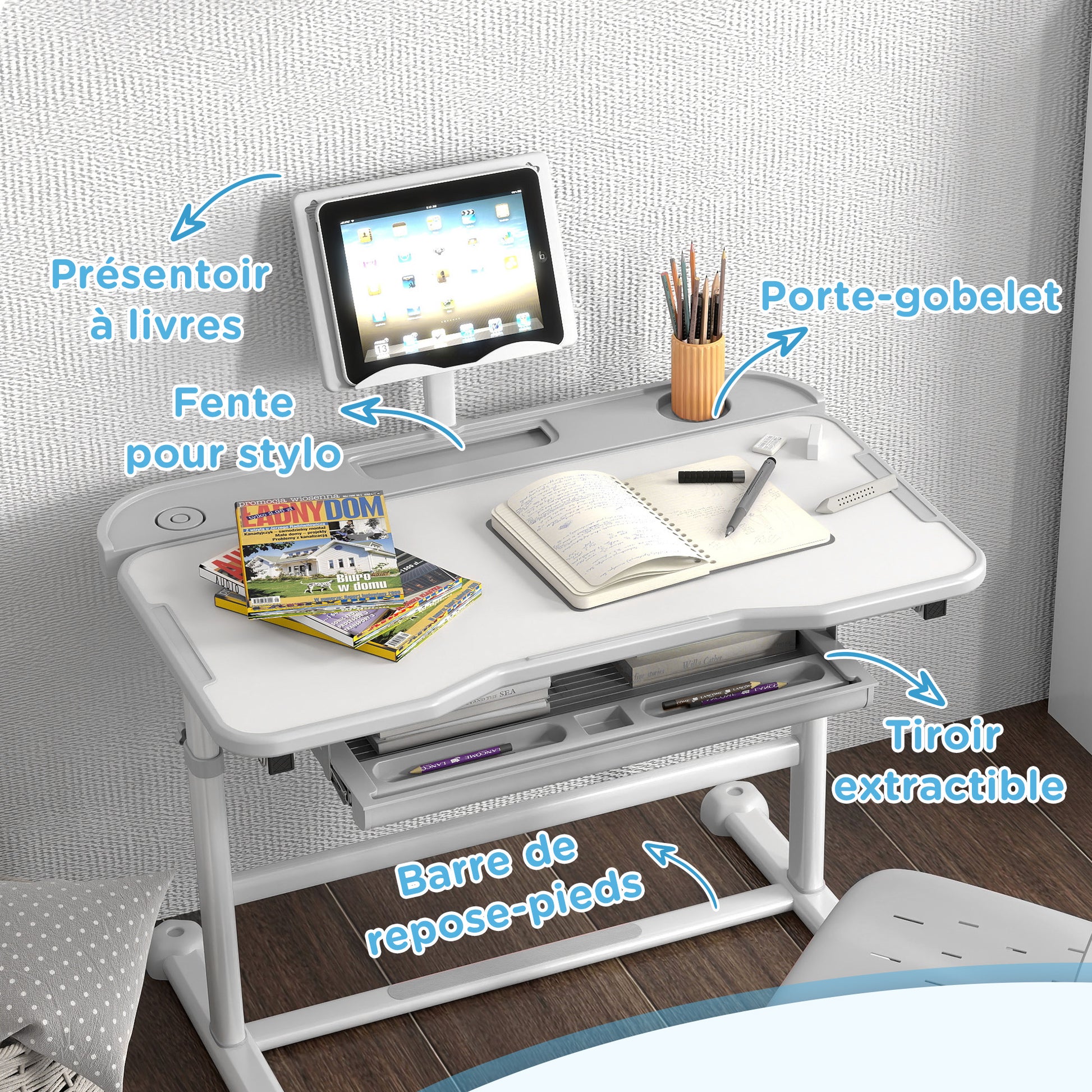 Kids Desk with Chair, Children's Desk and Chair Set with Adjustable Height, 45° Tiltable Desk, Drawer and Book Stand, for Children 3-12 Years Old, Gray
