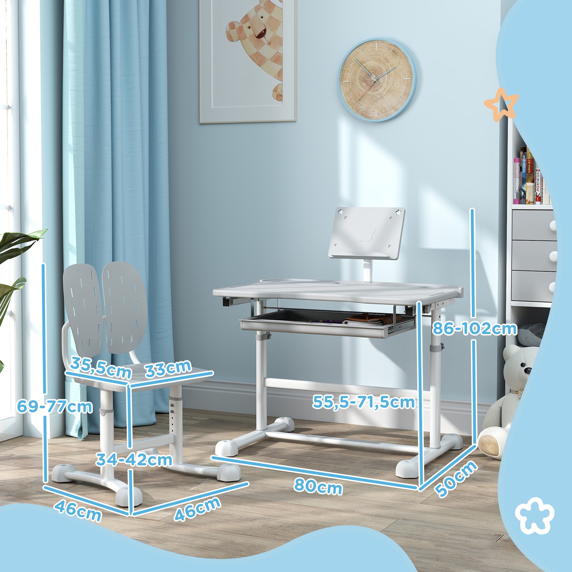 Kids Desk with Chair, Children's Desk and Chair Set with Adjustable Height, 45° Tiltable Desk, Drawer and Book Stand, for Children 3-12 Years Old, Gray