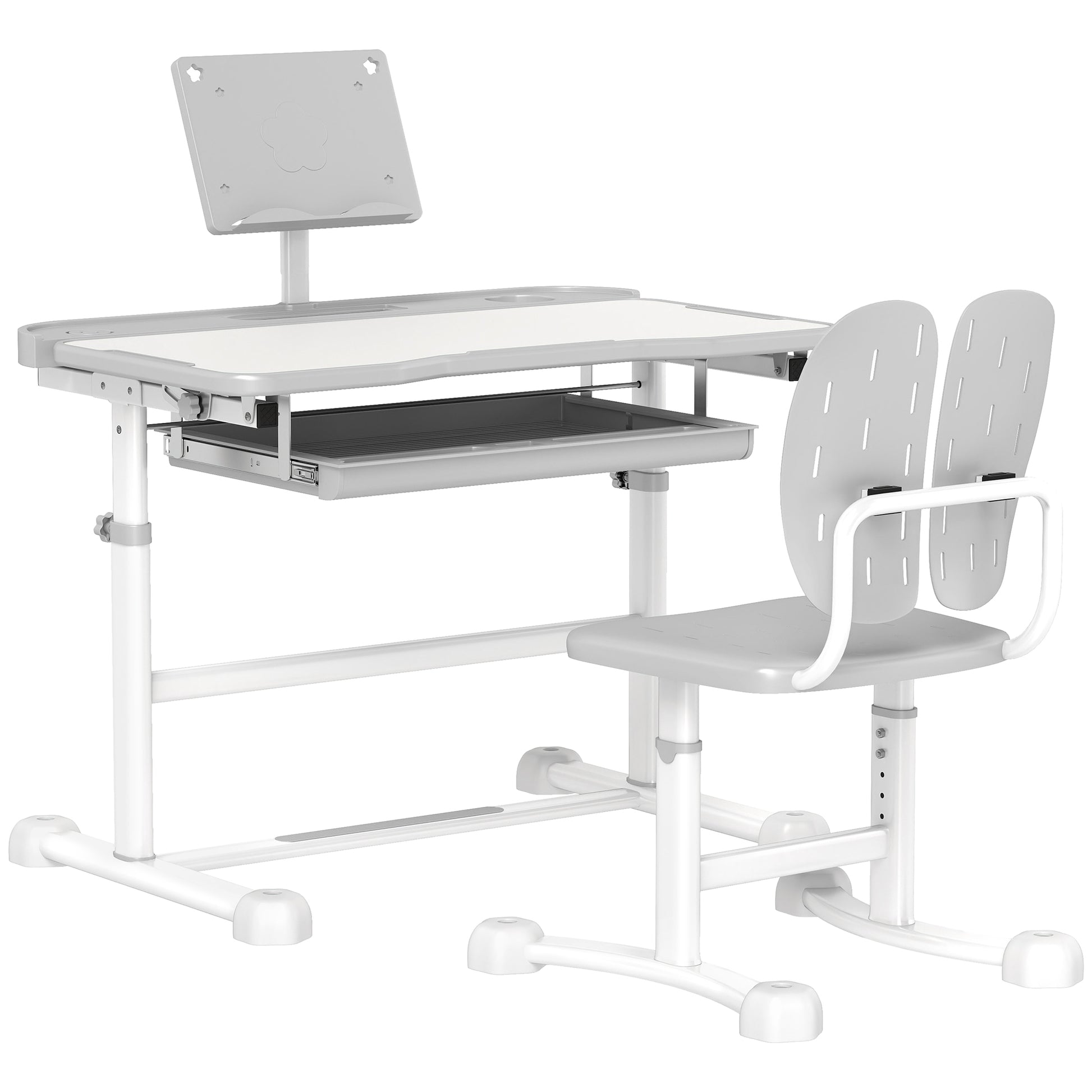 Kids Desk with Chair, Children's Desk and Chair Set with Adjustable Height, 45° Tiltable Desk, Drawer and Book Stand, for Children 3-12 Years Old, Gray