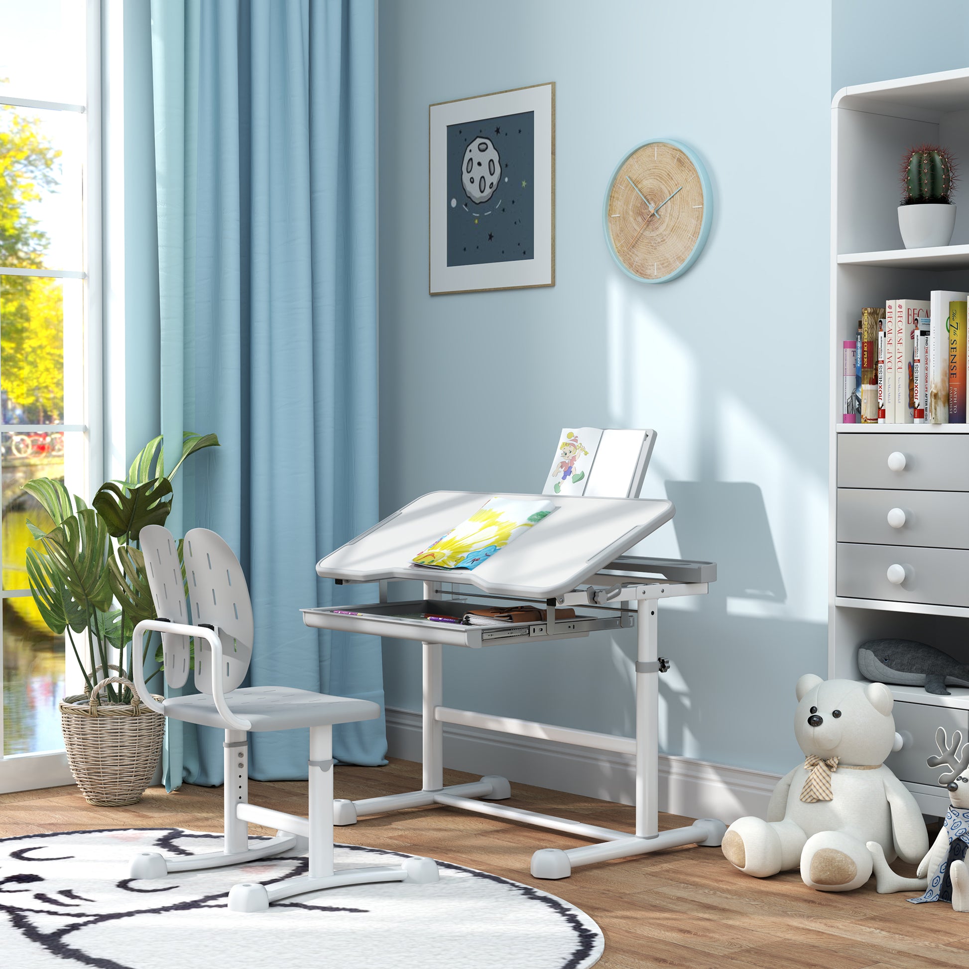 Kids Desk with Chair, Children's Desk and Chair Set with Adjustable Height, 45° Tiltable Desk, Drawer and Book Stand, for Children 3-12 Years Old, Gray