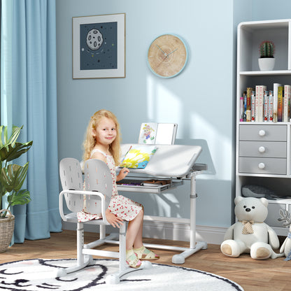 Kids Desk with Chair, Children's Desk and Chair Set with Adjustable Height, 45° Tiltable Desk, Drawer and Book Stand, for Children 3-12 Years Old, Gray