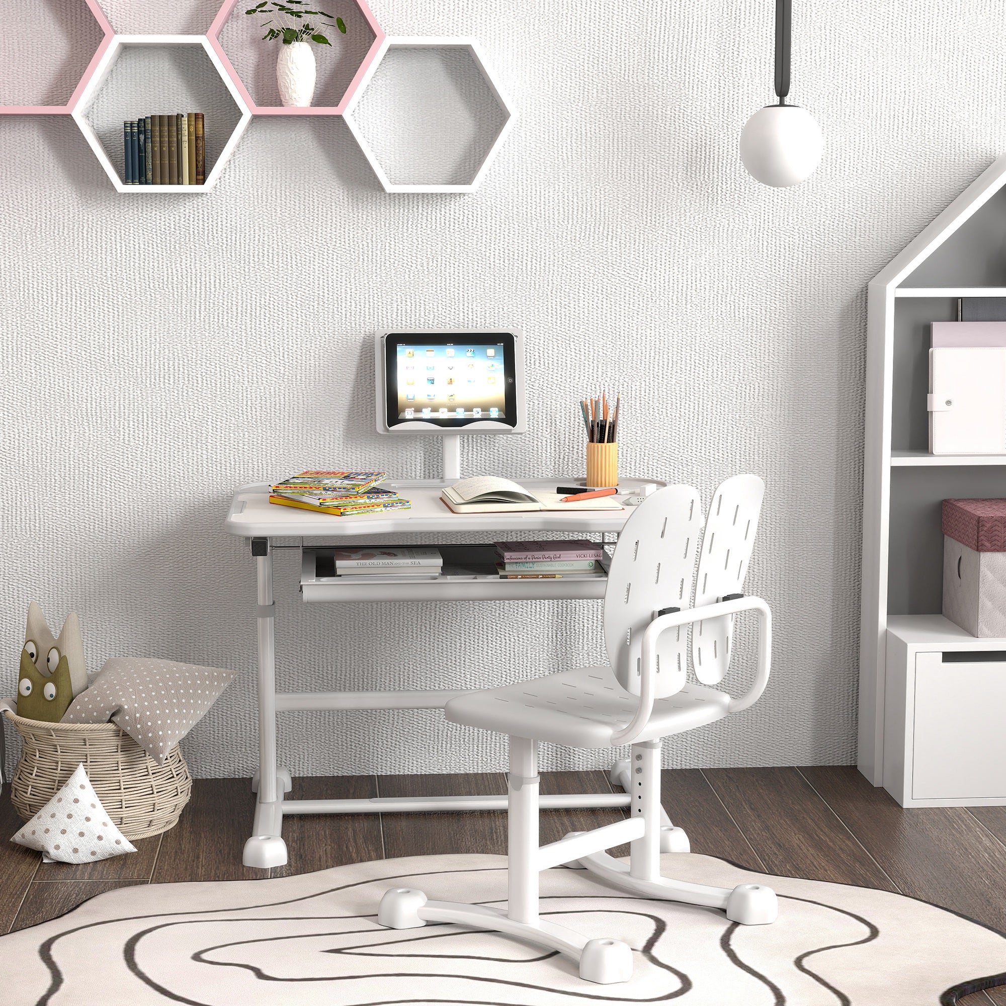 Kids Desk with Chair, Children's Desk and Chair Set with Adjustable Height, 45° Tiltable Desk, Drawer and Book Stand, for Children 3-12 Years Old, Gray
