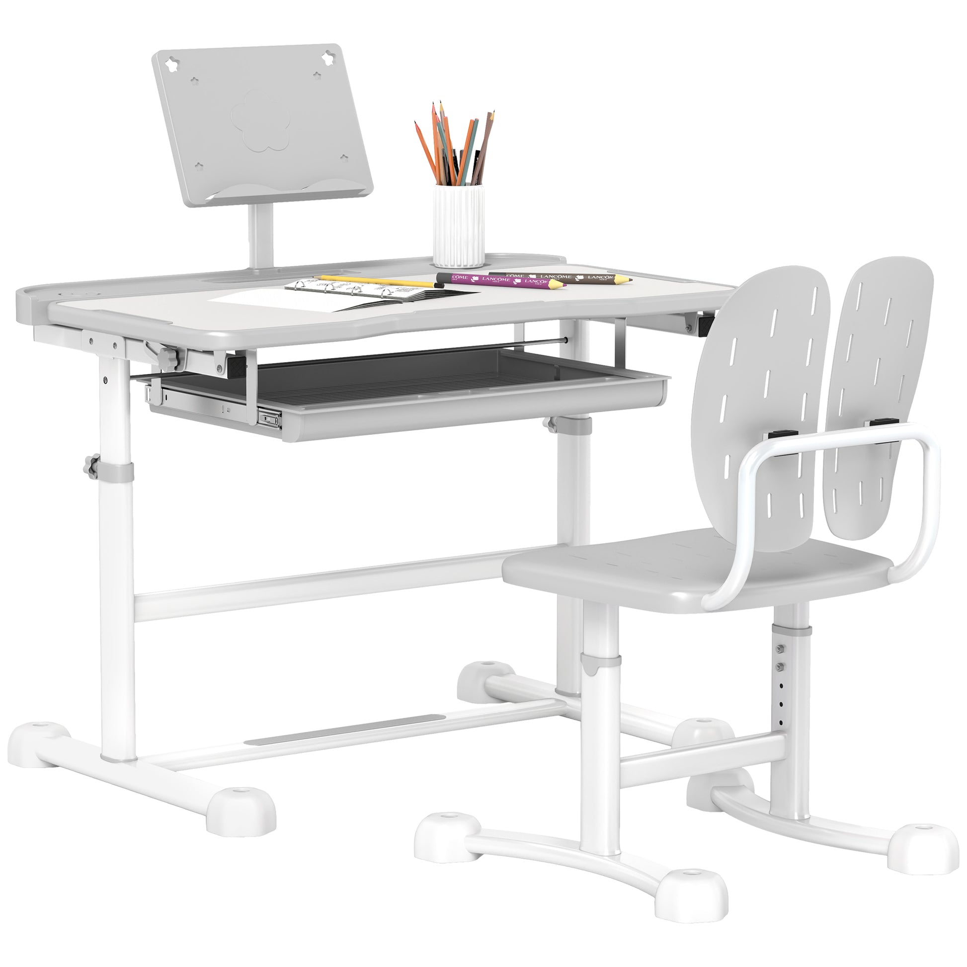 Kids Desk with Chair, Children's Desk and Chair Set with Adjustable Height, 45° Tiltable Desk, Drawer and Book Stand, for Children 3-12 Years Old, Gray