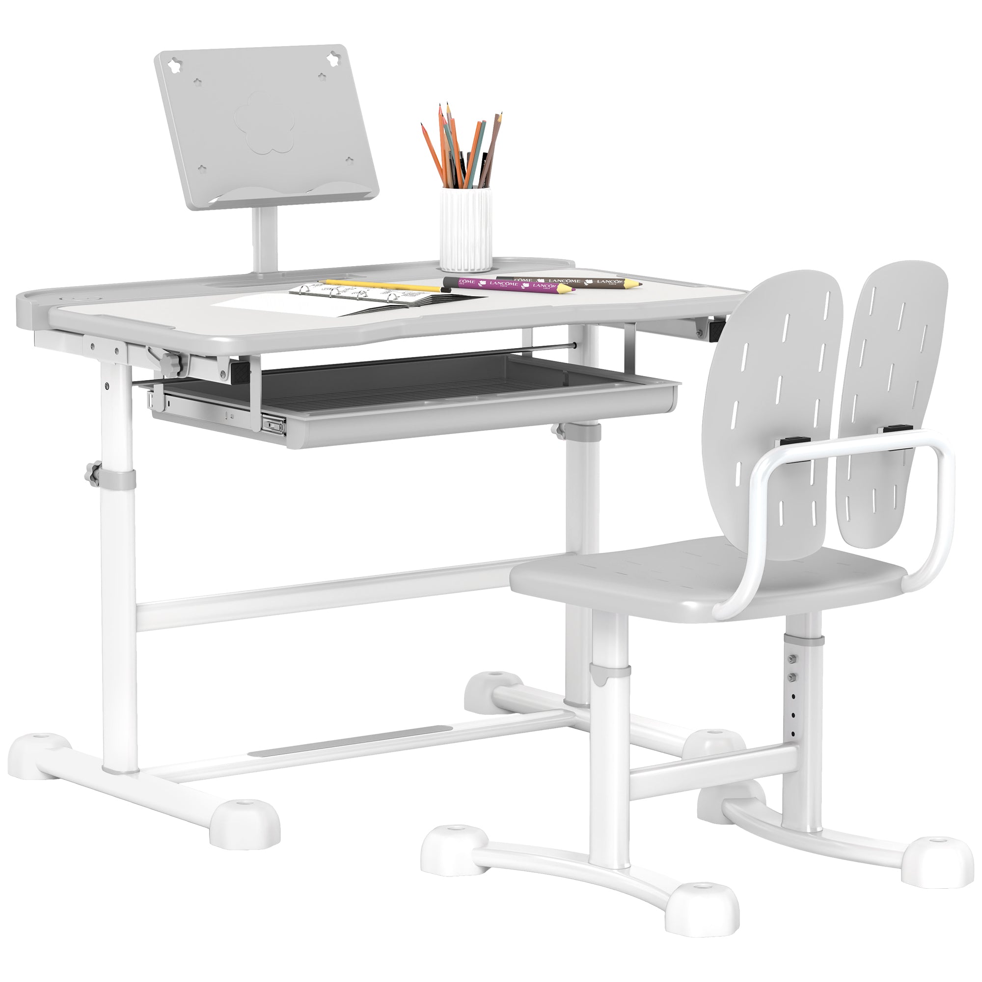 Kids Desk with Chair, Children's Desk and Chair Set with Adjustable Height, 45° Tiltable Desk, Drawer and Book Stand, for Children 3-12 Years Old, Gray