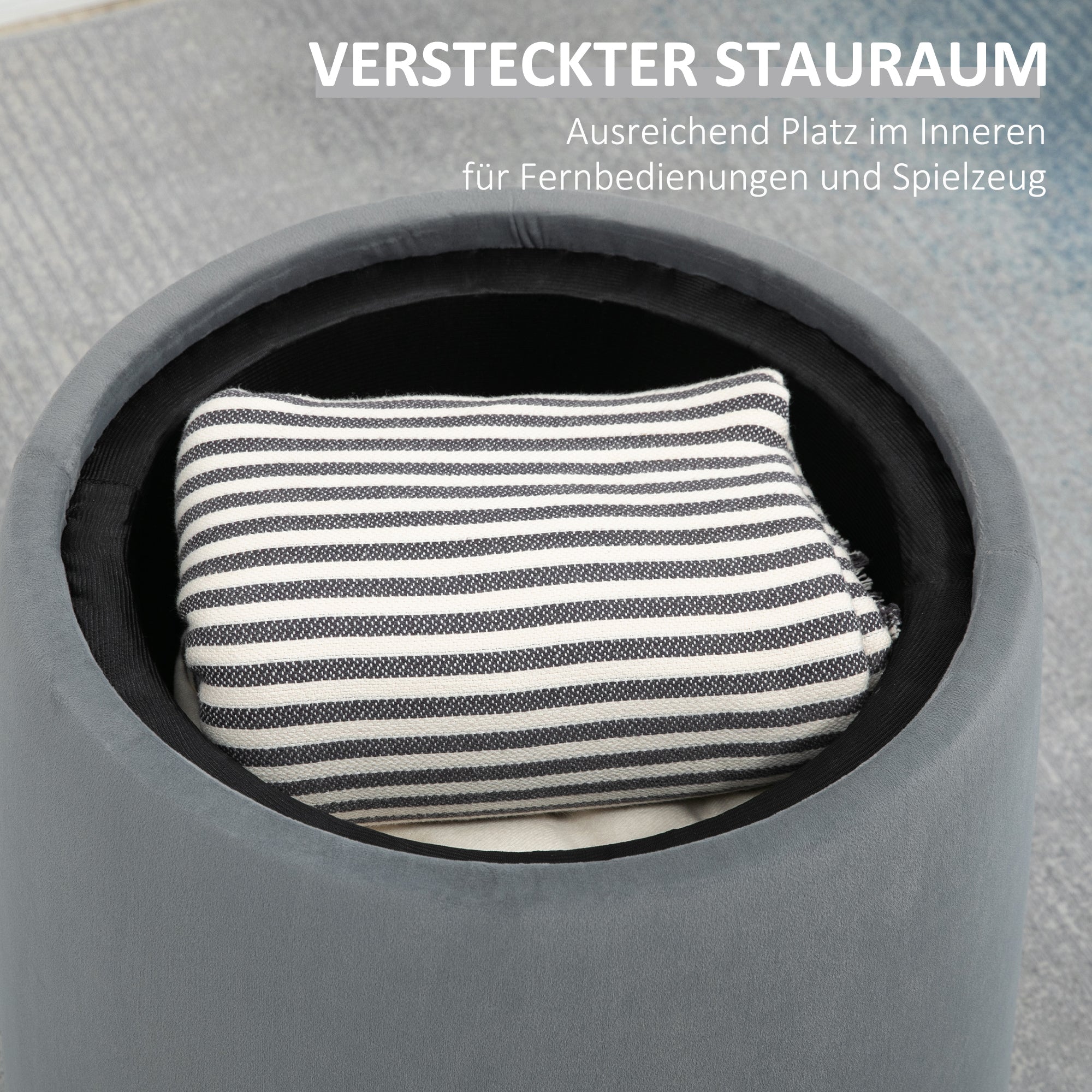 Seat Stool with Storage 2-in-1 Footstool with Lid, Round Ottoman Upholstered Stool with Velvet-Like Texture Side Table for Living Room Bedroom Ø44 x 47.5 cm Grey