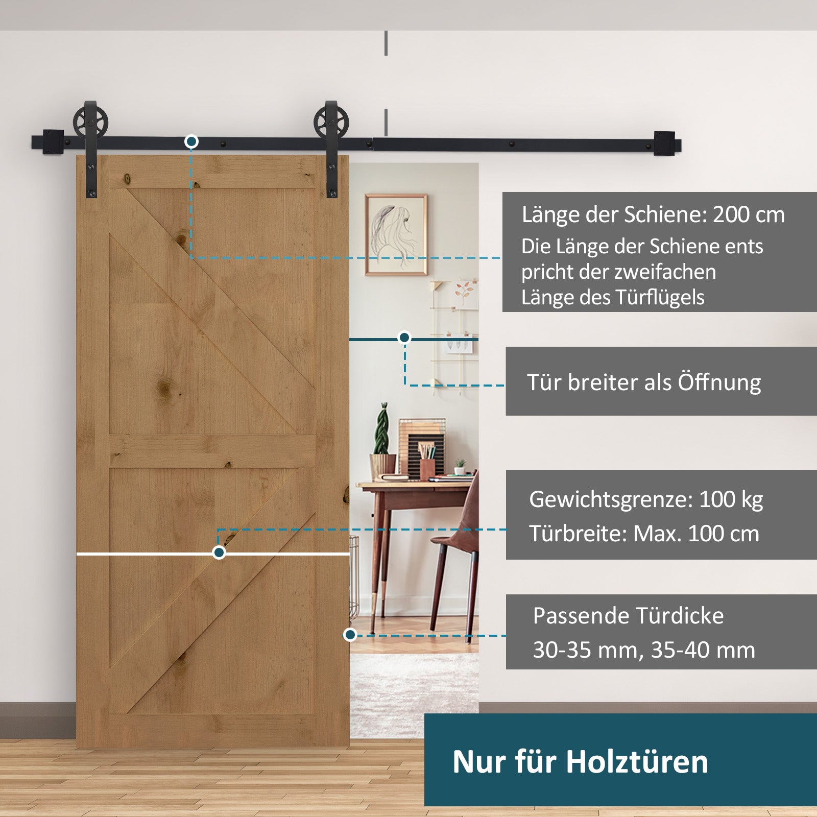 200 cm Sliding Door Complete Set Sliding Door Hardware with Floor Guide, Sliding Door Rail, Stoppers, Floor Block, Rollers Sliding Door System for Wooden Door
