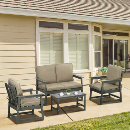 Garden Lounge Set in HDPE with Loveseat, 2 Armchairs and Coffee Table, 4-Piece Outdoor Set with Cushions, Dark Grey