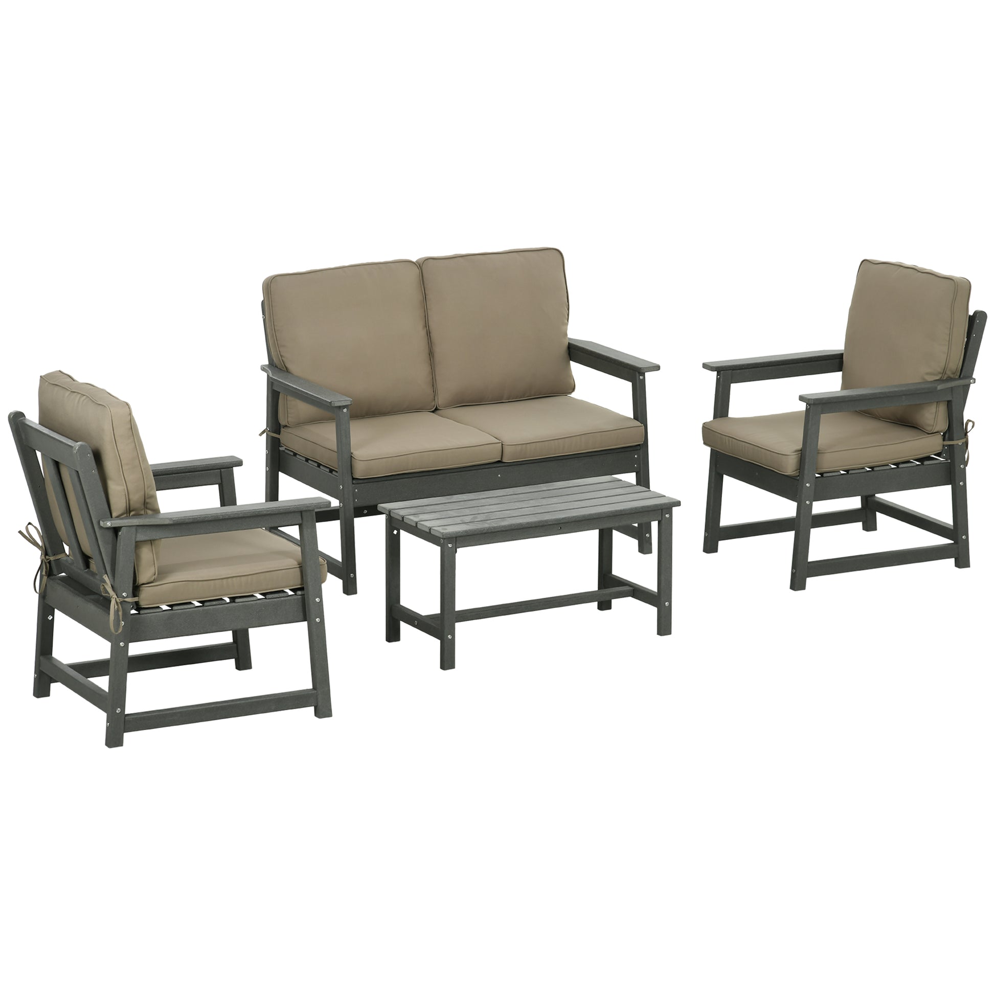 Garden Lounge Set in HDPE with Loveseat, 2 Armchairs and Coffee Table, 4-Piece Outdoor Set with Cushions, Dark Grey