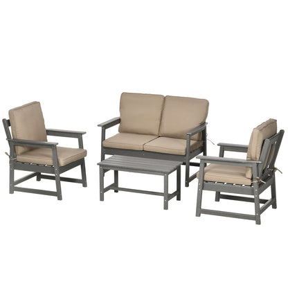 Garden Lounge Set in HDPE with Loveseat, 2 Armchairs and Coffee Table, 4-Piece Outdoor Set with Cushions, Dark Grey