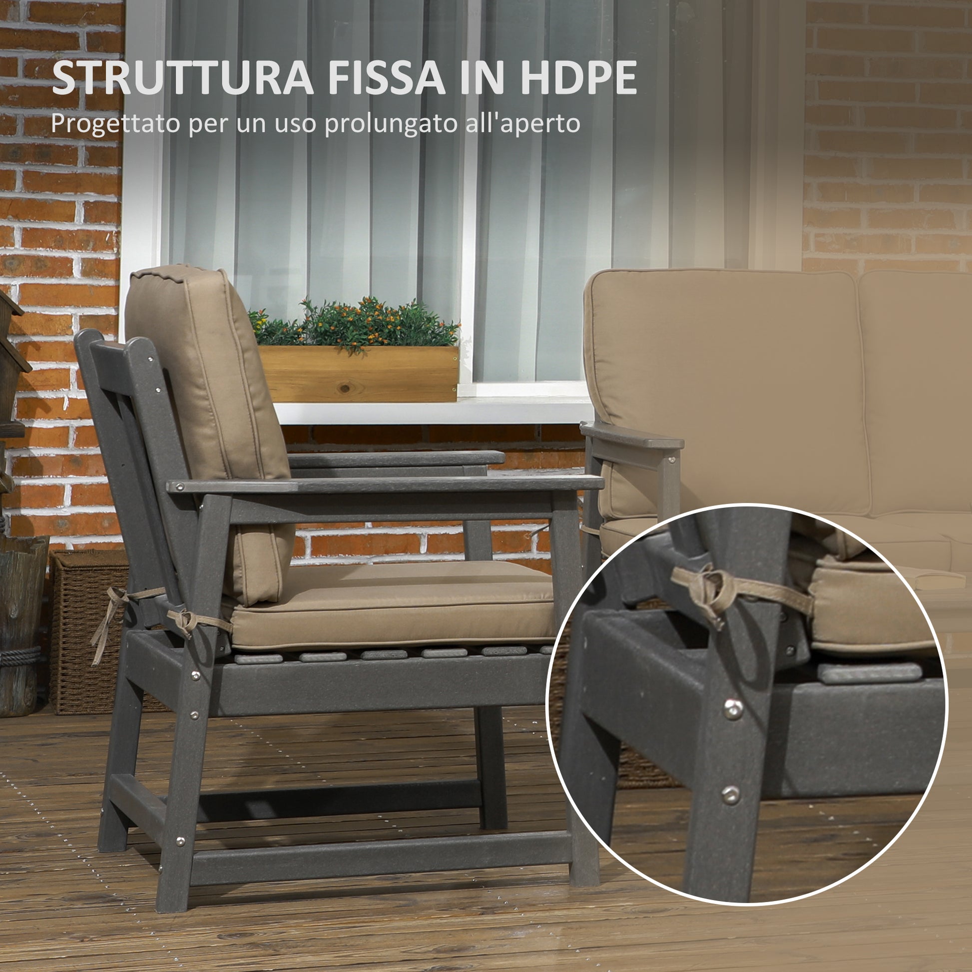 Garden Lounge Set in HDPE with Loveseat, 2 Armchairs and Coffee Table, 4-Piece Outdoor Set with Cushions, Dark Grey