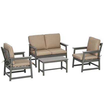 Garden Lounge Set in HDPE with Loveseat, 2 Armchairs and Coffee Table, 4-Piece Outdoor Set with Cushions, Dark Grey