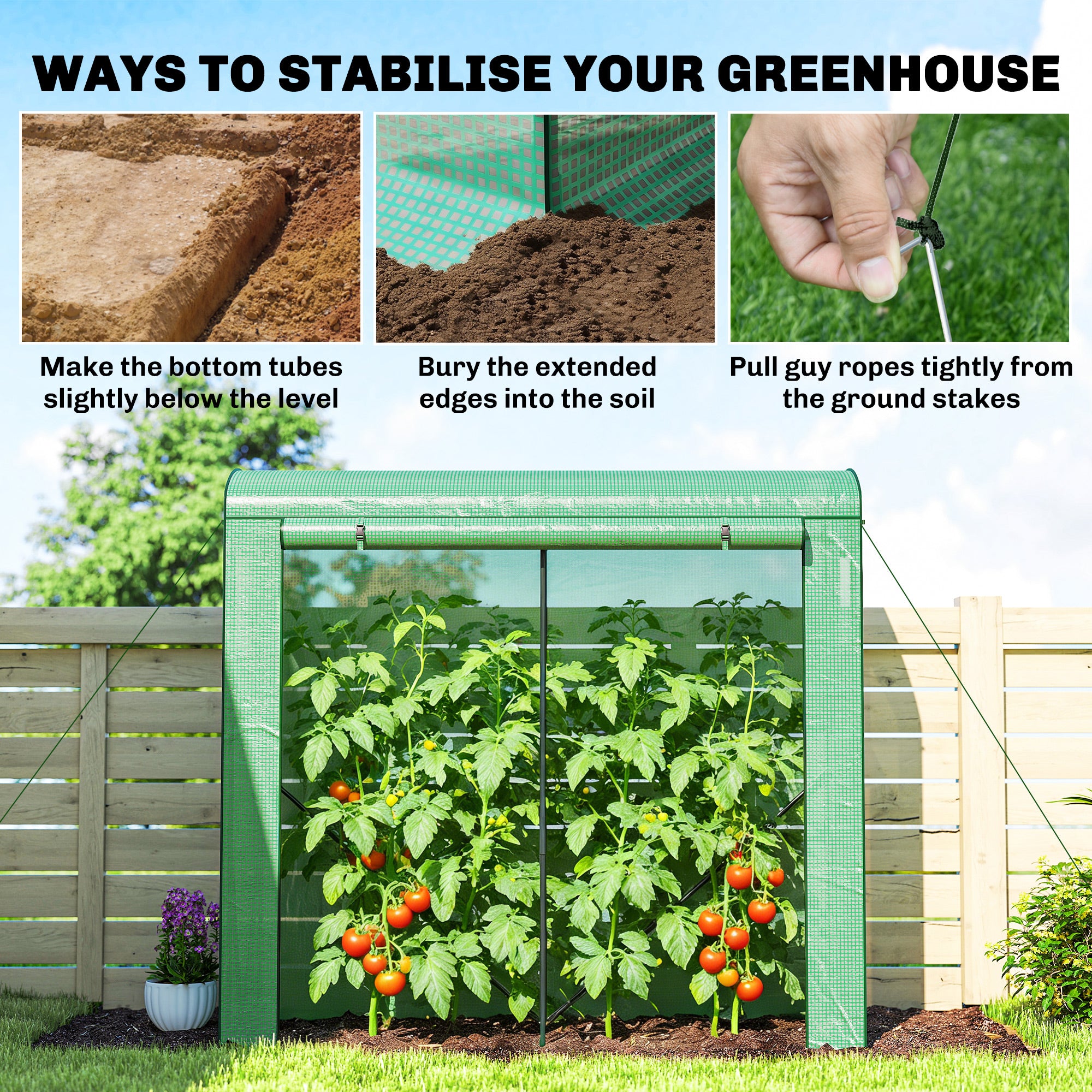 Greenhouse with Mesh Windows & Roll-Up Door, Steel-Frame PE Greenhouse, 200 x 75 x 188 cm, Ideal for Tomatoes, Vegetables & Flowers, Green