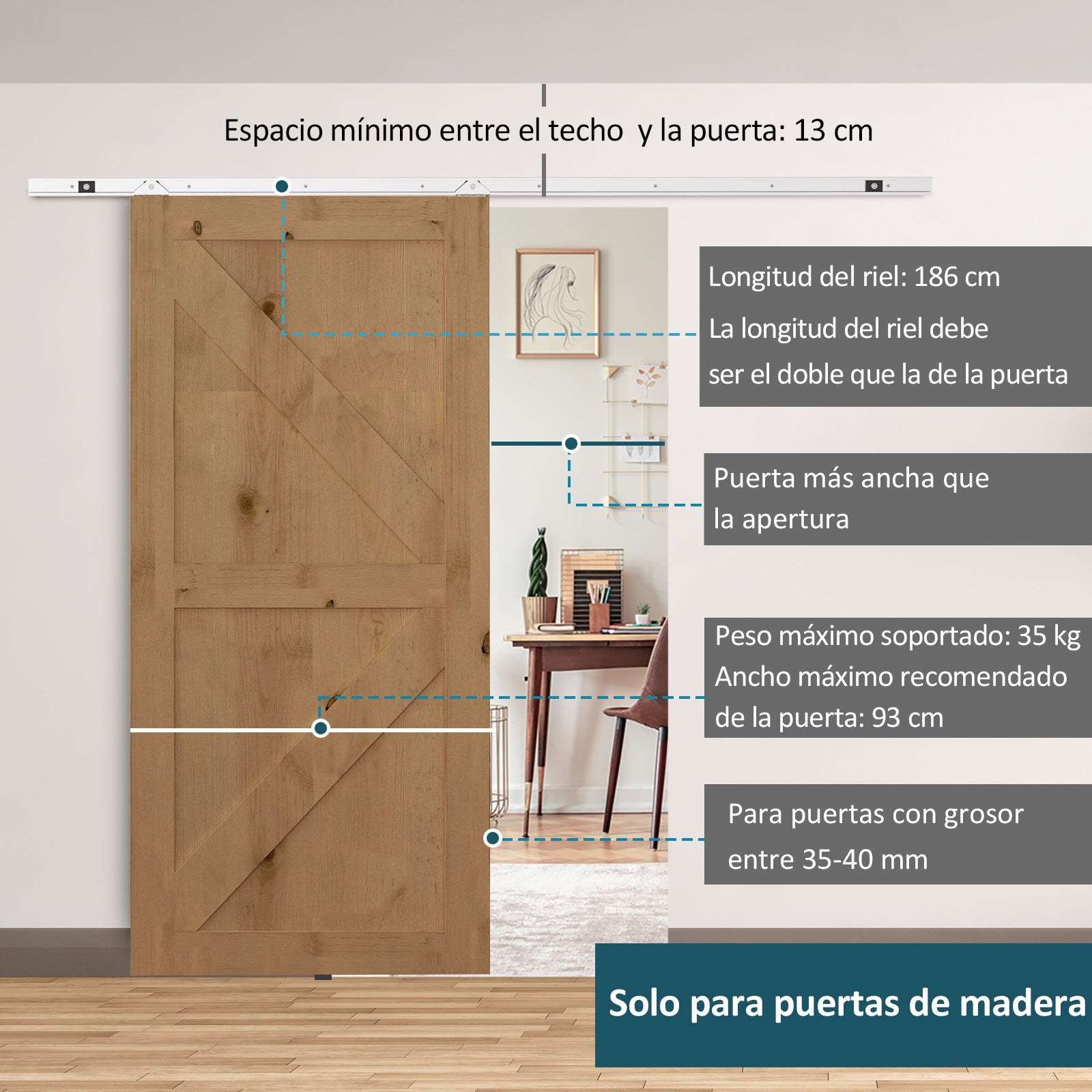 Sliding Door Hardware 186 cm Kit for Sliding Wooden Door with Metal Rail and 2 Silver Pulleys Accessories