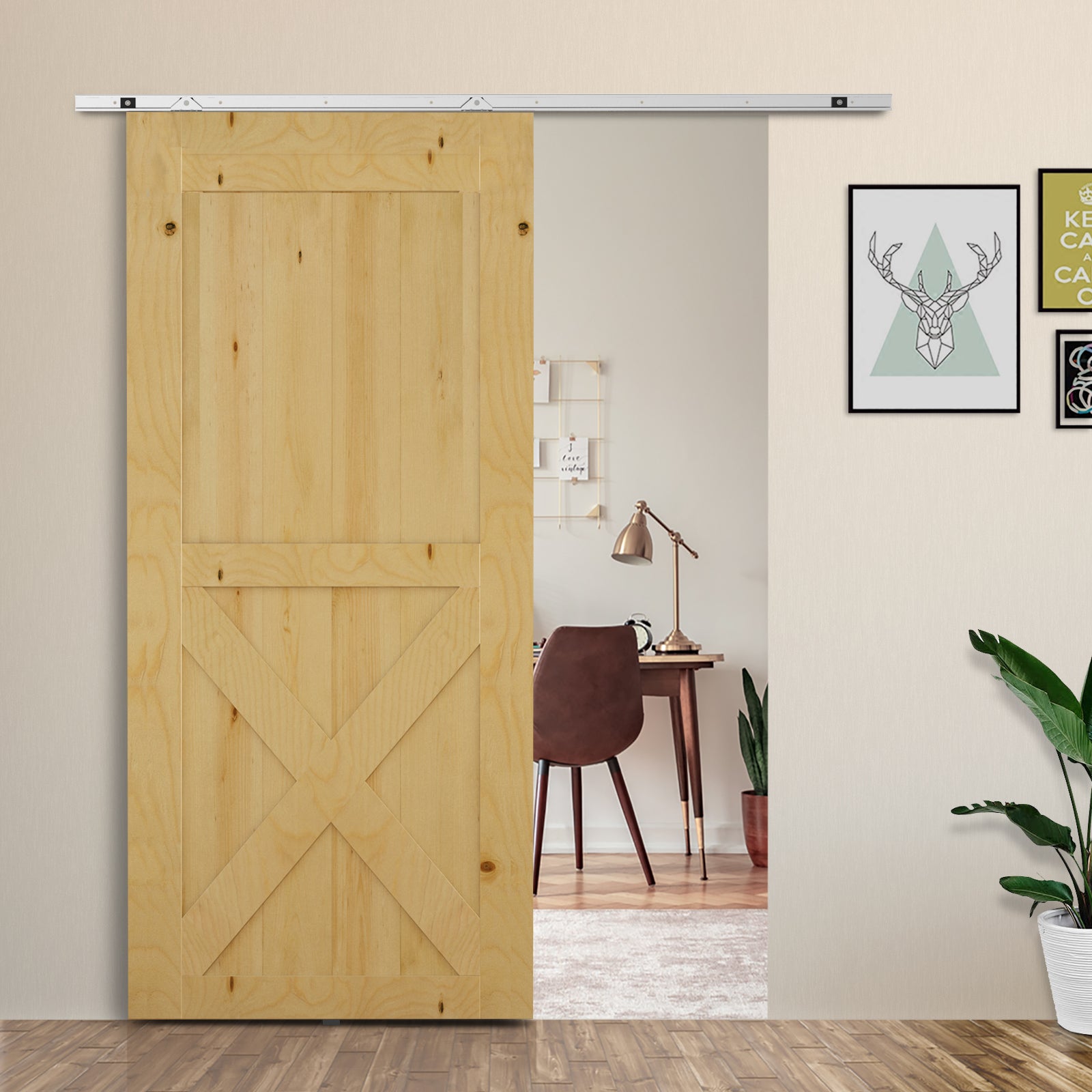 Sliding Door Hardware 186 cm Kit for Sliding Wooden Door with Metal Rail and 2 Silver Pulleys Accessories
