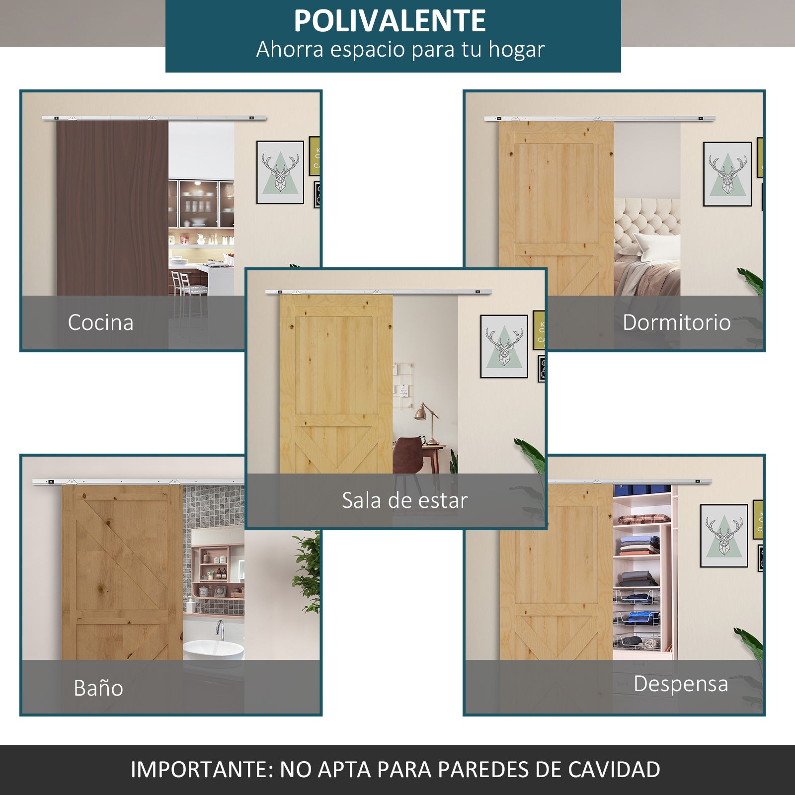 Sliding Door Hardware 186 cm Kit for Sliding Wooden Door with Metal Rail and 2 Silver Pulleys Accessories