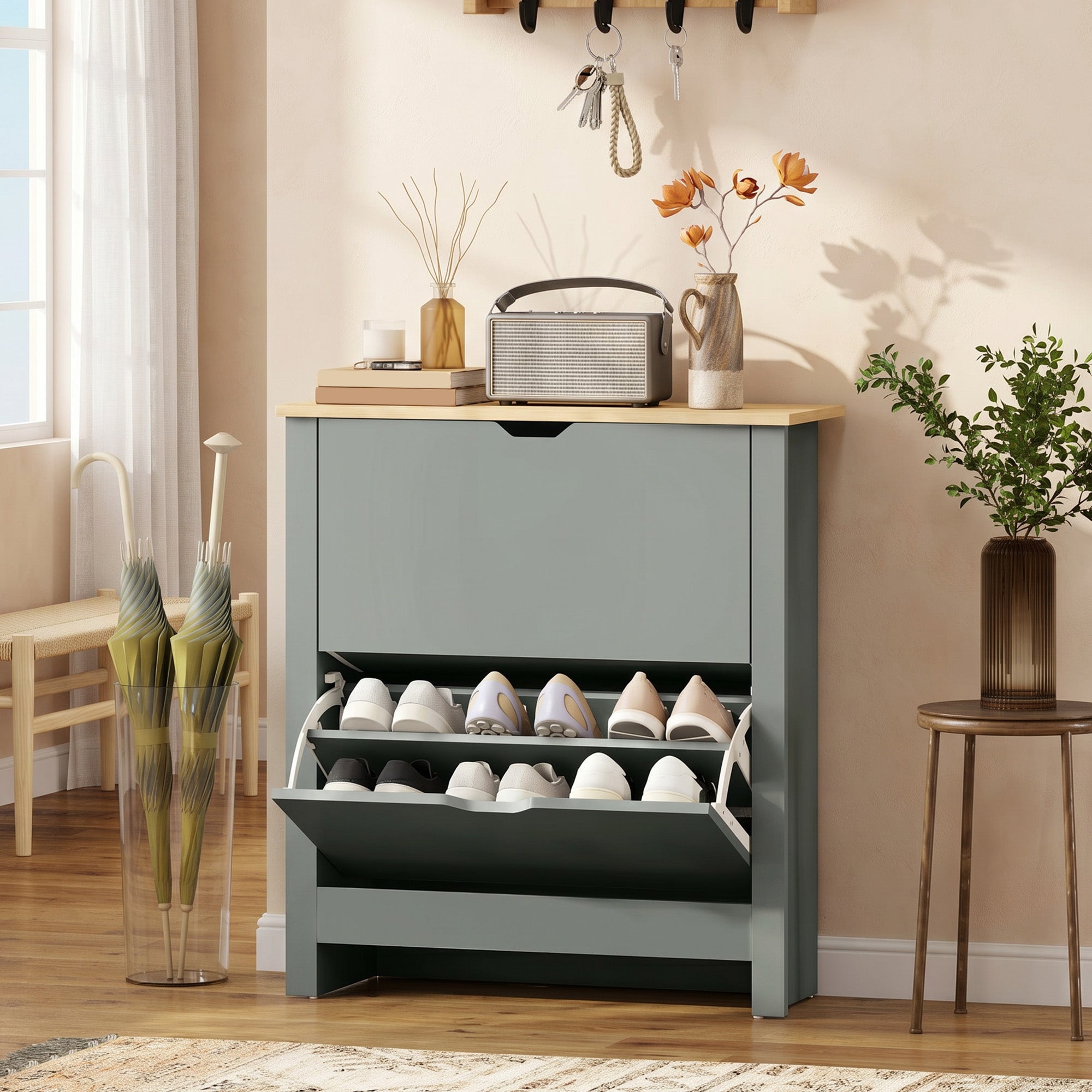 Shoe Cabinet with 2 Flip Drawers – Slim Shoe Rack with Adjustable Divider for up to 12 Pairs, 28.3 x 10.2 x 31.5 in, Light Gray