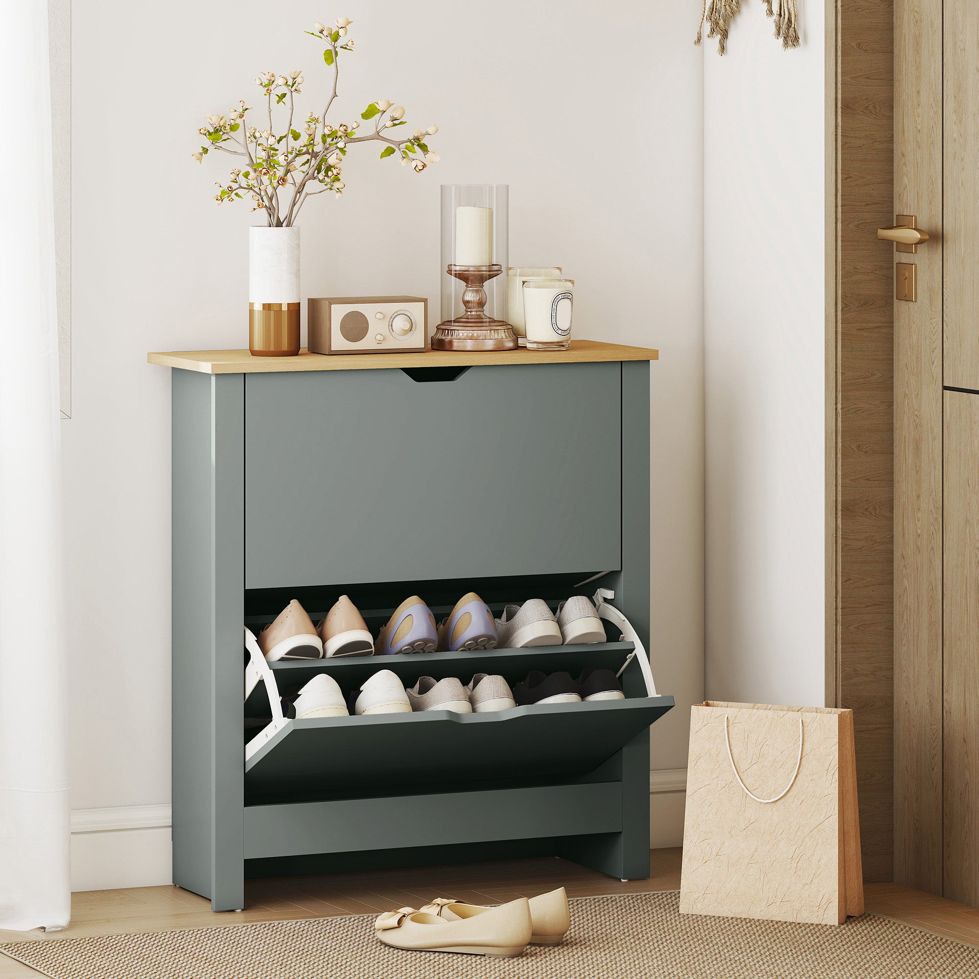 Shoe Cabinet with 2 Flip Drawers – Slim Shoe Rack with Adjustable Divider for up to 12 Pairs, 28.3 x 10.2 x 31.5 in, Light Gray