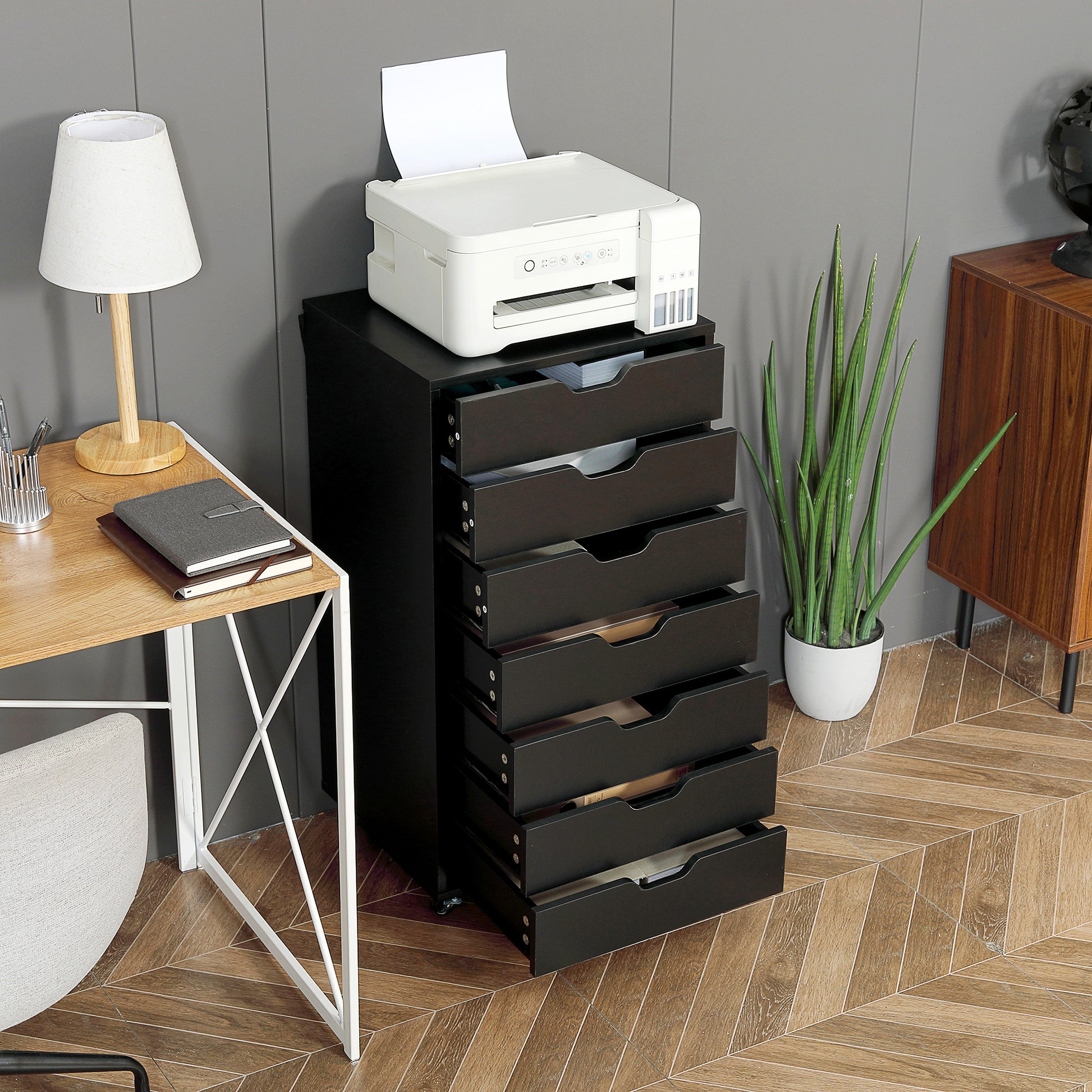 Mobile Office Cabinet, Rolling Office Storage Cabinet with 7 Drawers - organizer for documents, A4 or letter size, dim. 47.5L x 39.5W x 90H cm, black