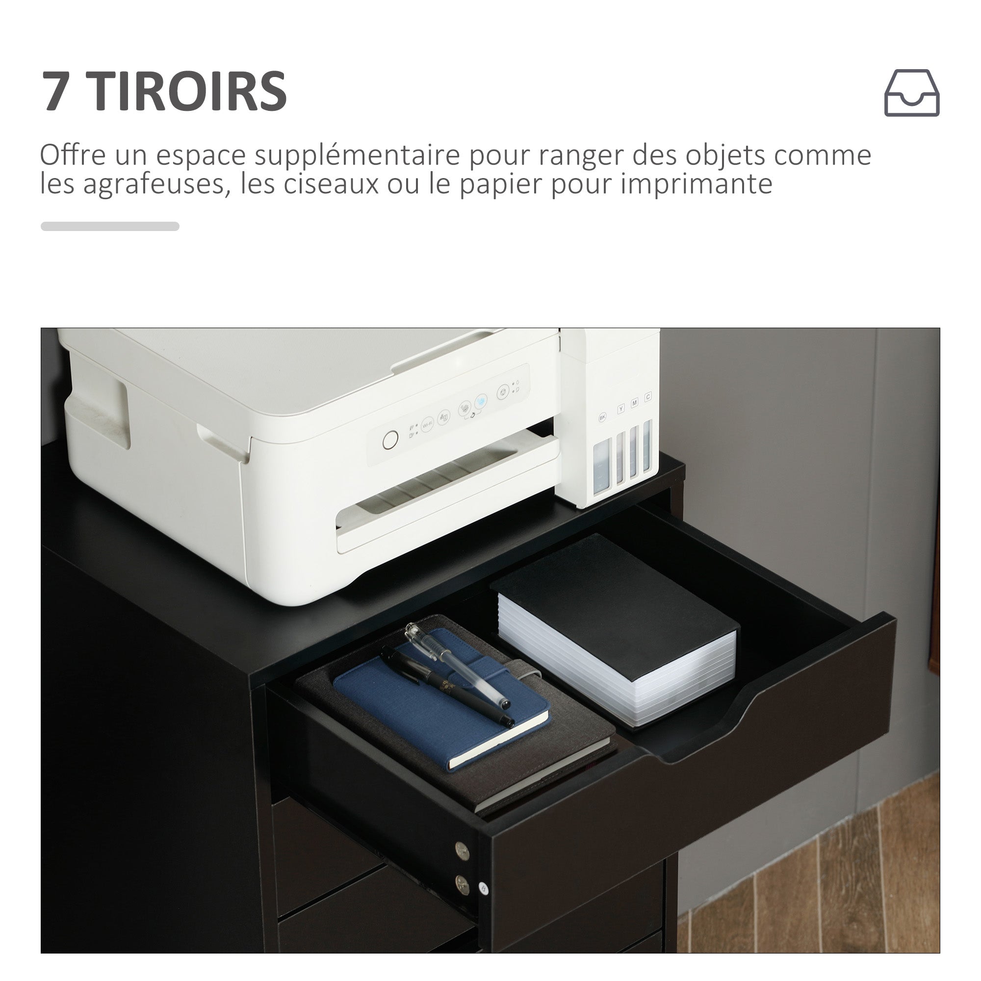 Mobile Office Cabinet, Rolling Office Storage Cabinet with 7 Drawers - organizer for documents, A4 or letter size, dim. 47.5L x 39.5W x 90H cm, black