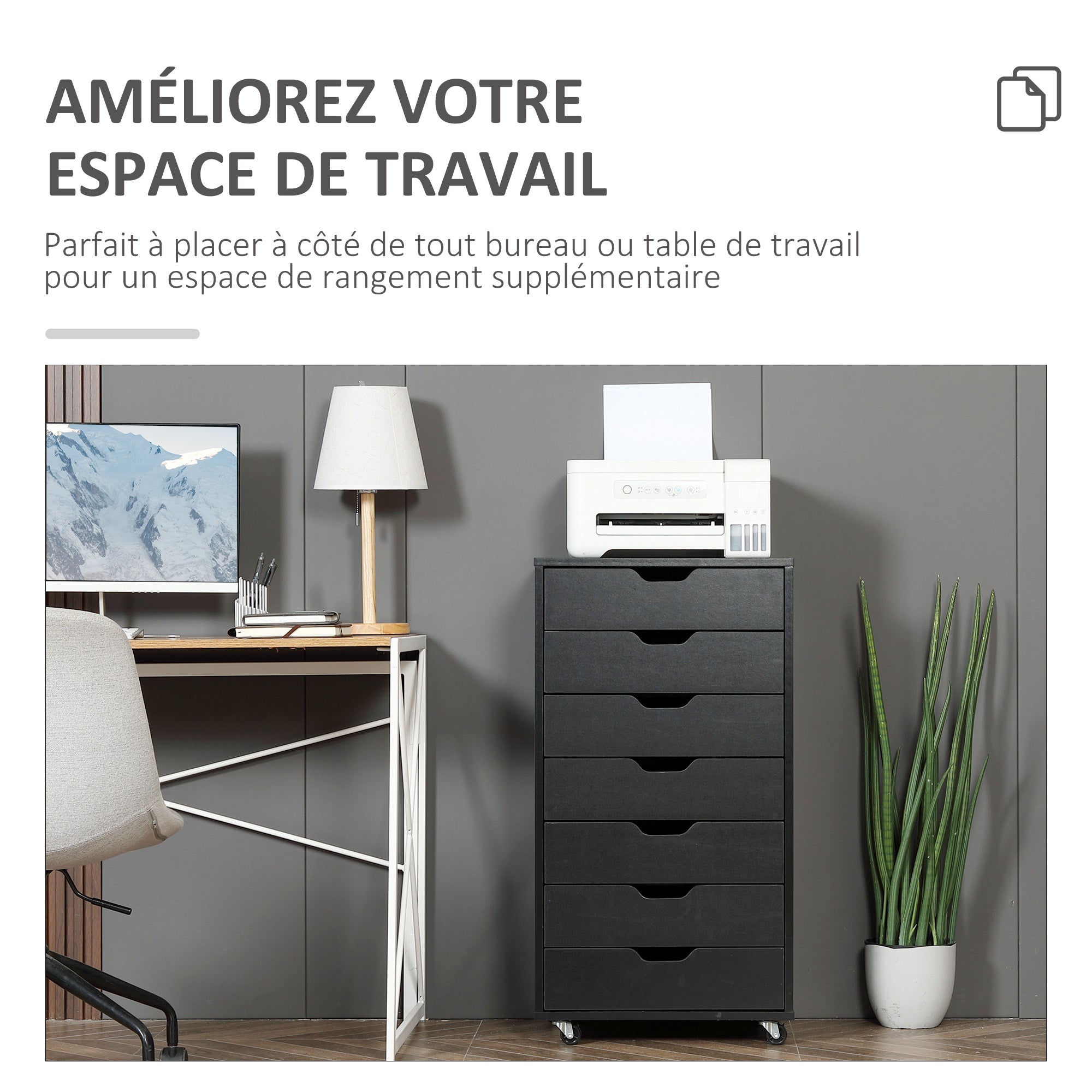 Mobile Office Cabinet, Rolling Office Storage Cabinet with 7 Drawers - organizer for documents, A4 or letter size, dim. 47.5L x 39.5W x 90H cm, black