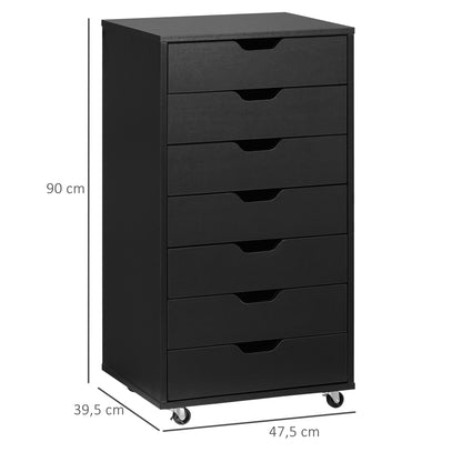 Mobile Office Cabinet, Rolling Office Storage Cabinet with 7 Drawers - organizer for documents, A4 or letter size, dim. 47.5L x 39.5W x 90H cm, black