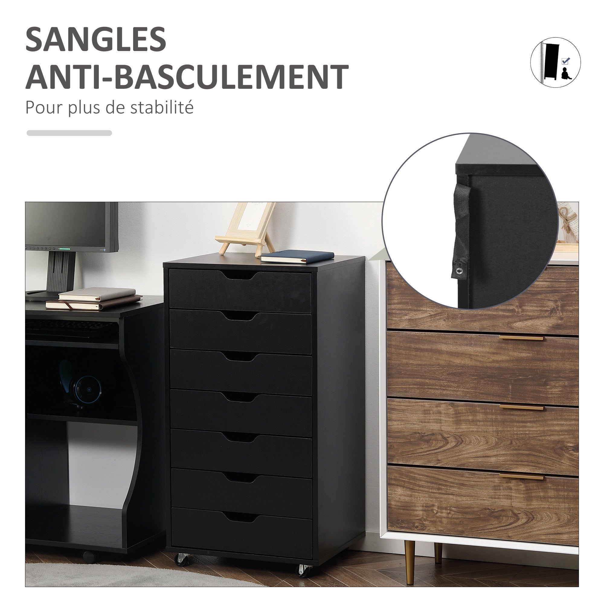 Mobile Office Cabinet, Rolling Office Storage Cabinet with 7 Drawers - organizer for documents, A4 or letter size, dim. 47.5L x 39.5W x 90H cm, black