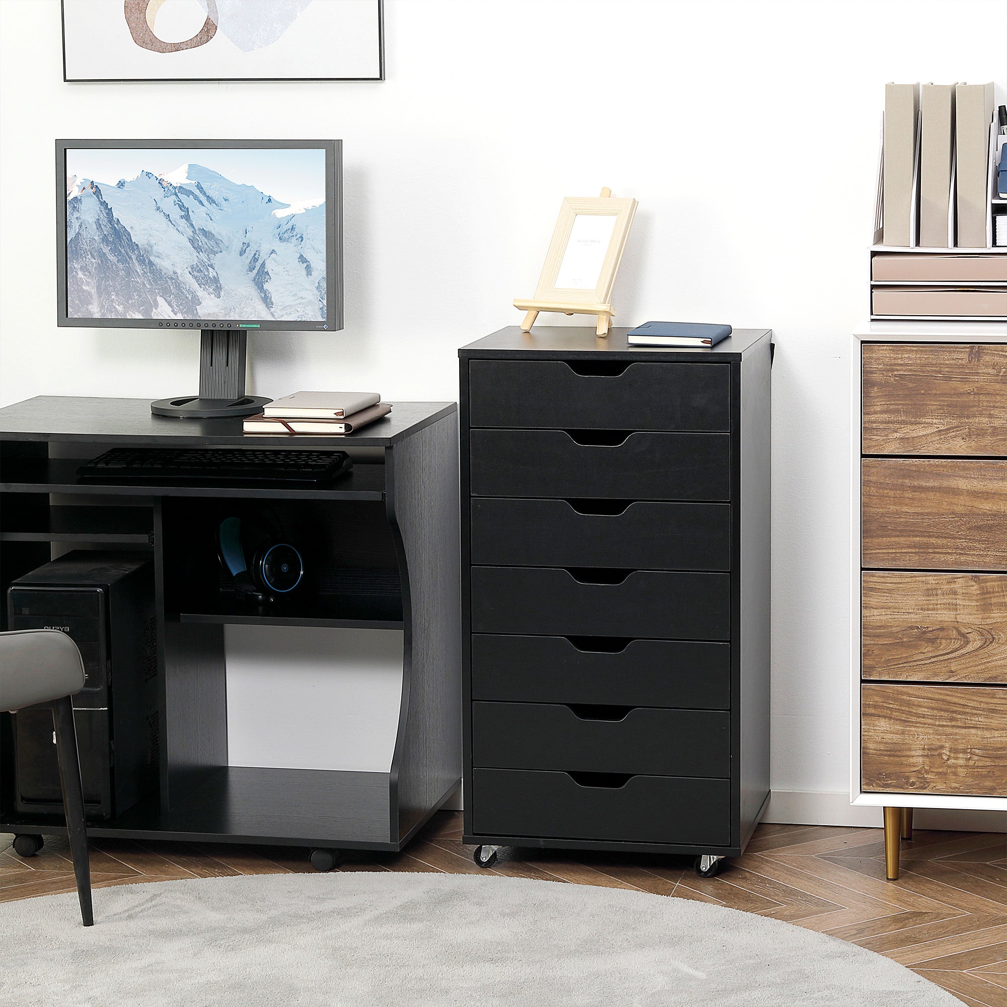 Mobile Office Cabinet, Rolling Office Storage Cabinet with 7 Drawers - organizer for documents, A4 or letter size, dim. 47.5L x 39.5W x 90H cm, black