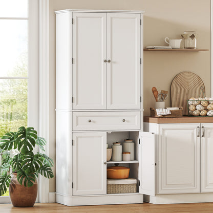 73.4" Tall Kitchen Pantry Cabinet, 4-Door Buffet with Drawer & Adjustable Shelves, White - 31.5 x 15.6 x 73.4 in (80 x 39.5 x 186.4 cm)
