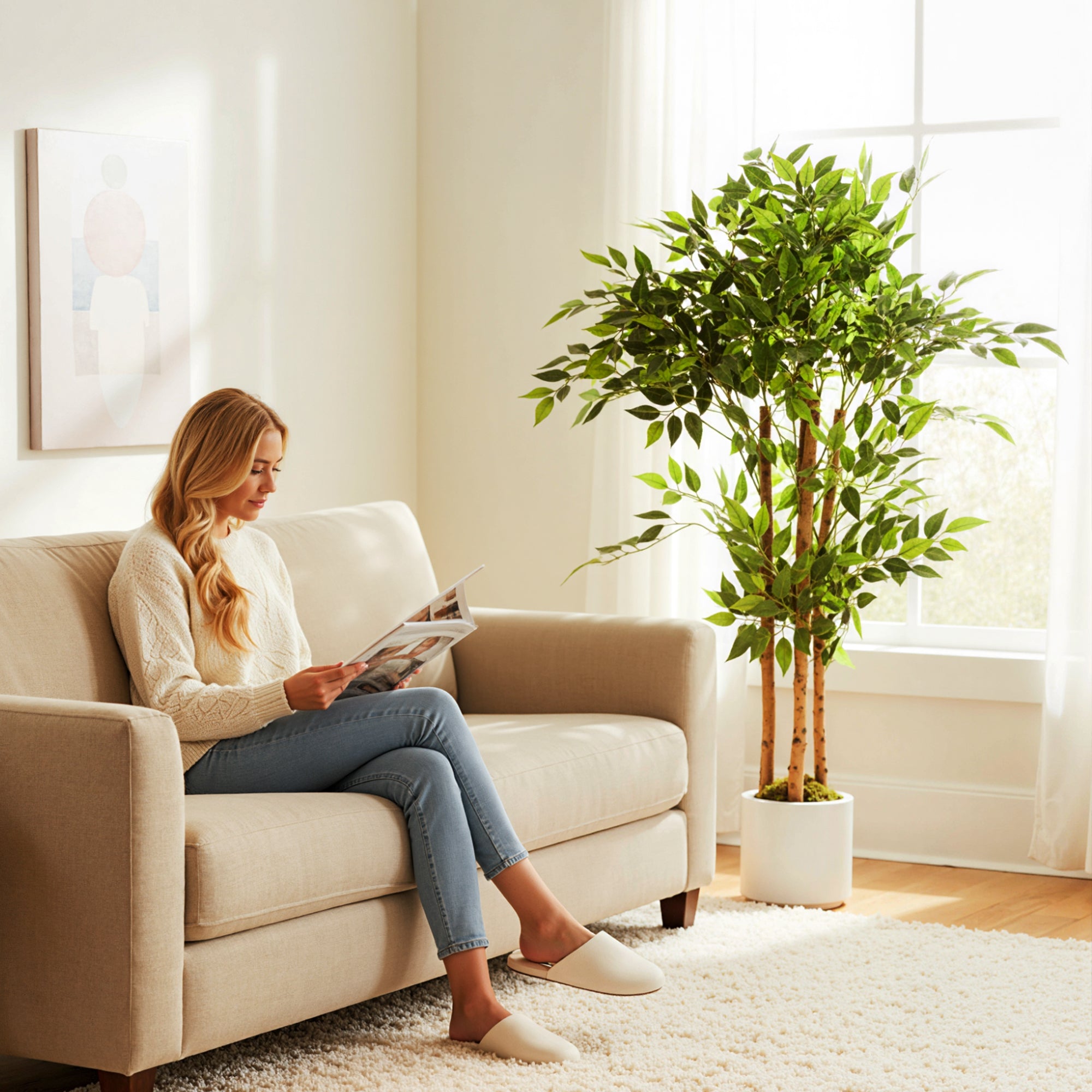 Artificial Banyan Tree with Adjustable Branches — White PP & Cement Planter, Realistic PEVA Leaves & Wood Trunk, 47.2 in