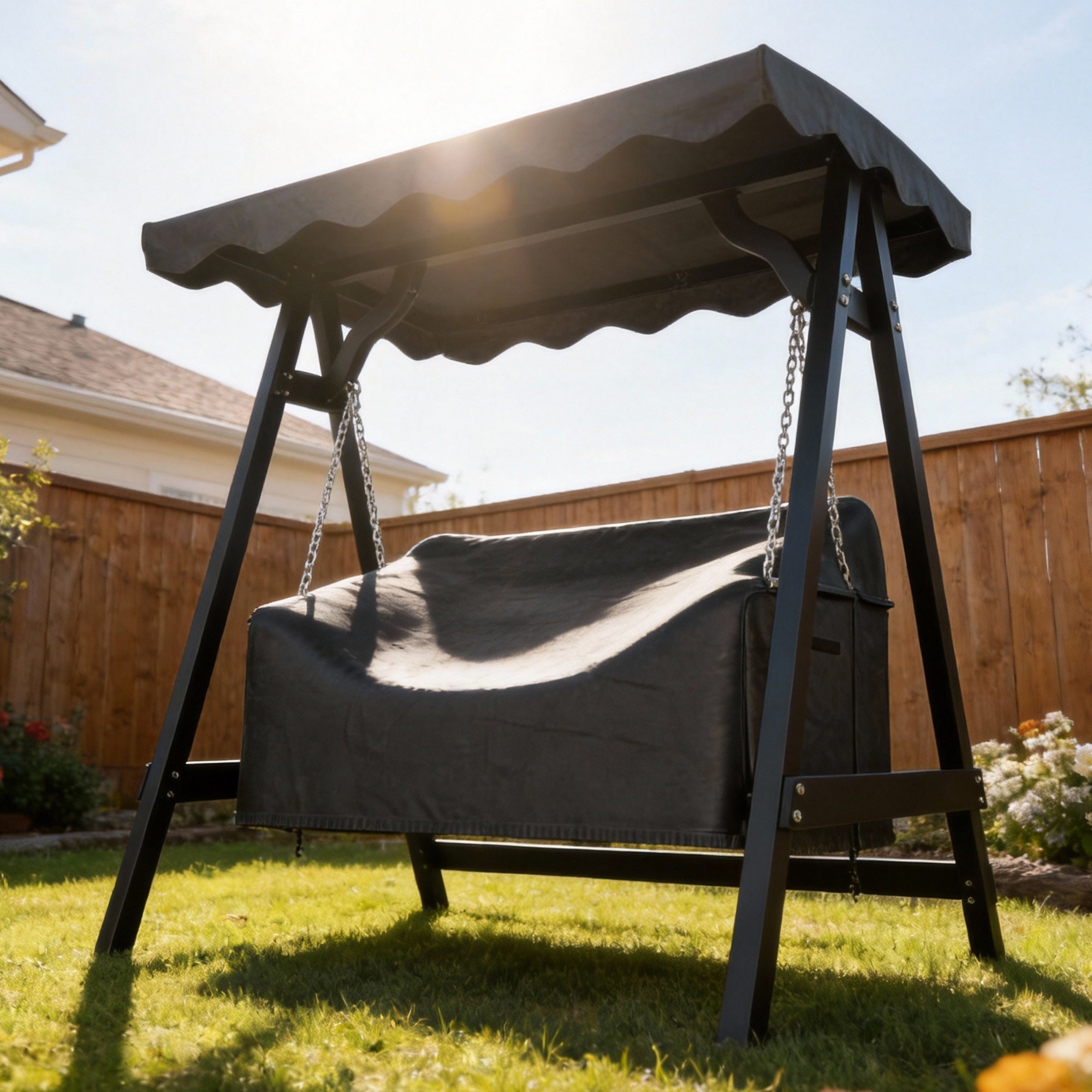 2-Seater Swing Cover, Waterproof & Windproof Protective Cover for Garden Swing, UV-Resistant, 142 x 76 x 81 cm (56 x 30 x 32 in) — Black