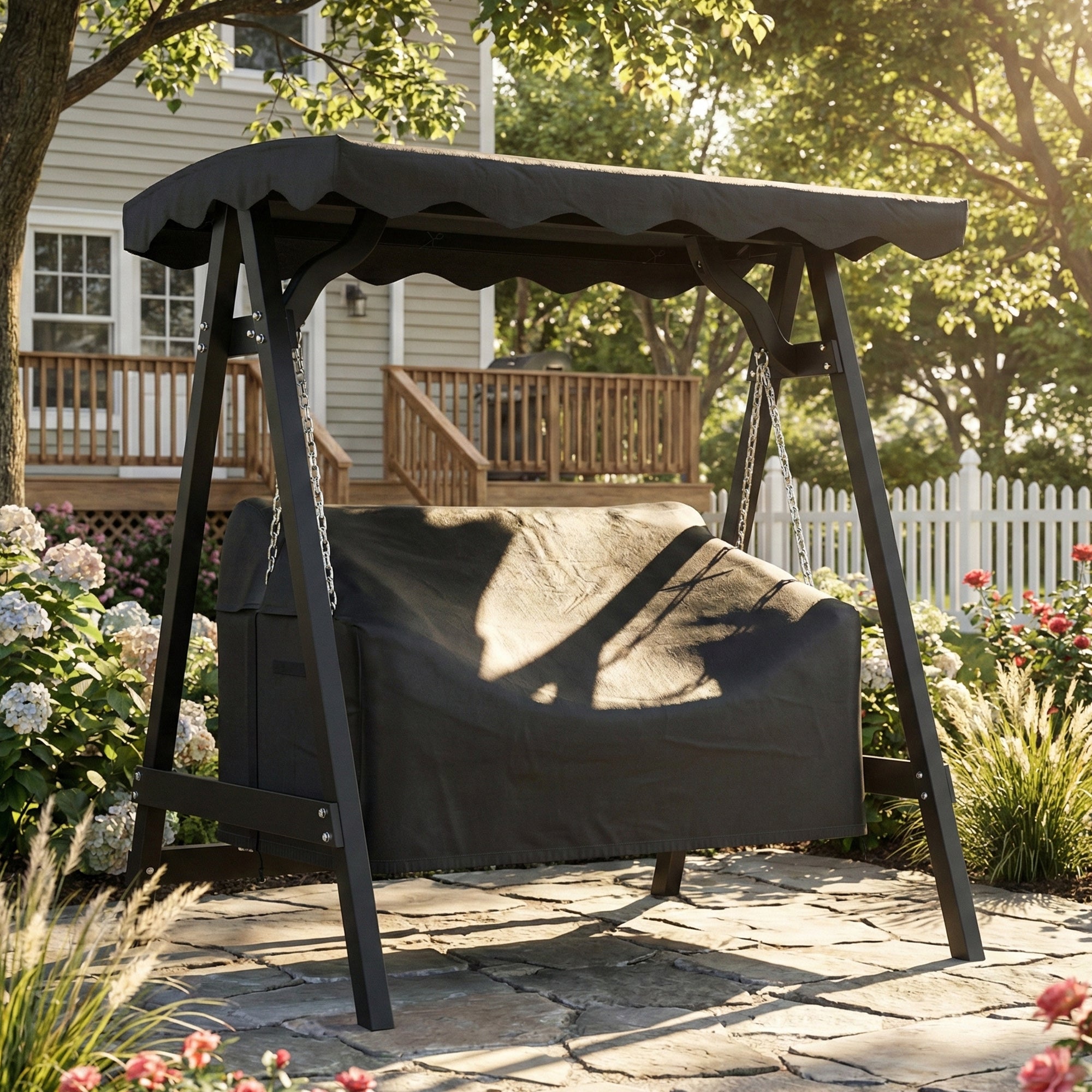 2-Seater Swing Cover, Waterproof & Windproof Protective Cover for Garden Swing, UV-Resistant, 142 x 76 x 81 cm (56 x 30 x 32 in) — Black