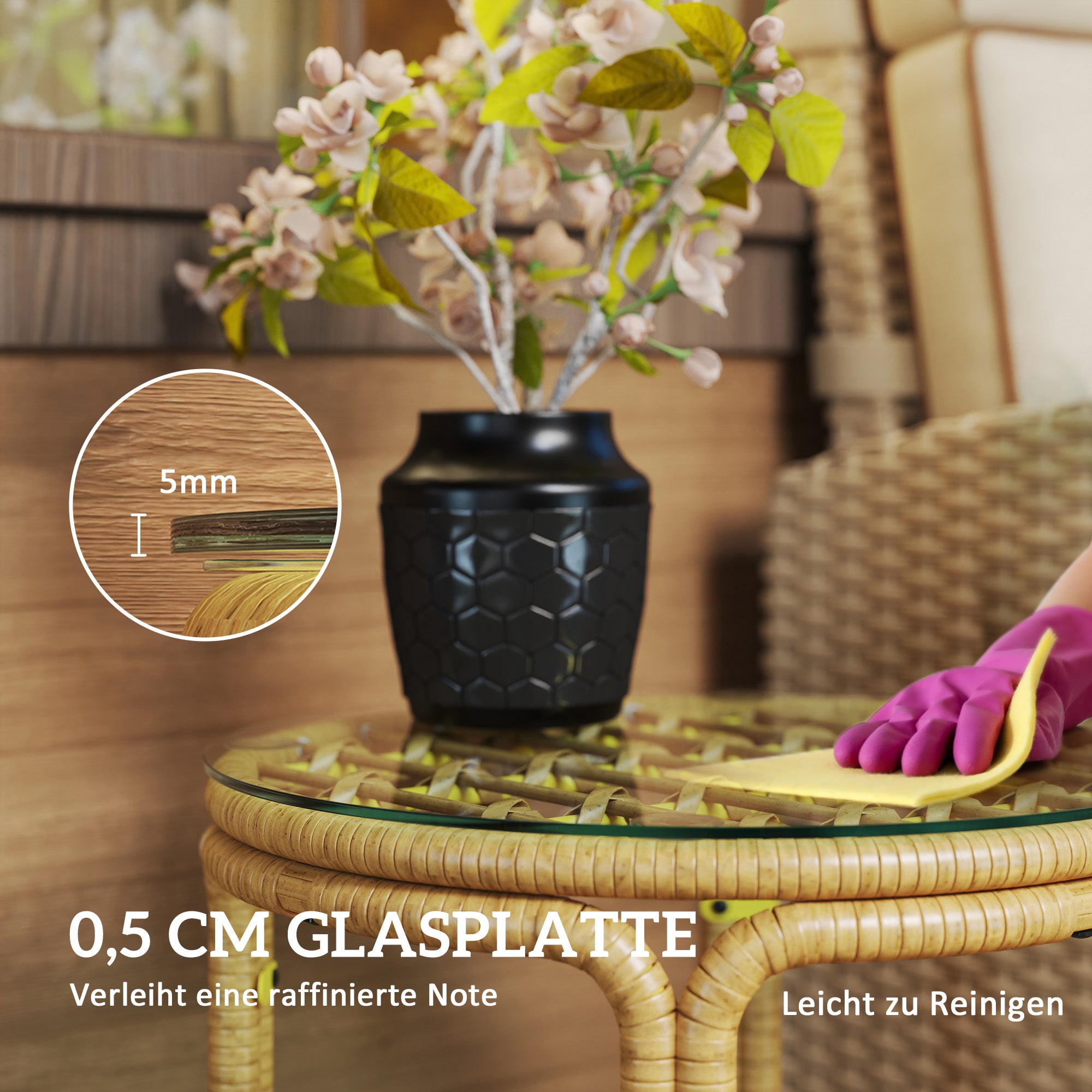 Side Table made of Poly Rattan Round Coffee Table with Glass Table Top Nightstand Garden Table Patio Furniture Coffee Table Side Table for Living Room Garden Terrace Balcony, Ø50 cm Yellow